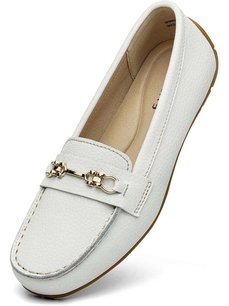 Women's White Comfort Leather Loafers Cute Slip On Business Casual Dress Shoes